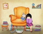 Books art prints for children, baby room art, Library wall art, Girl and cat reading books , etsy kids art, reading room decor (V1)
