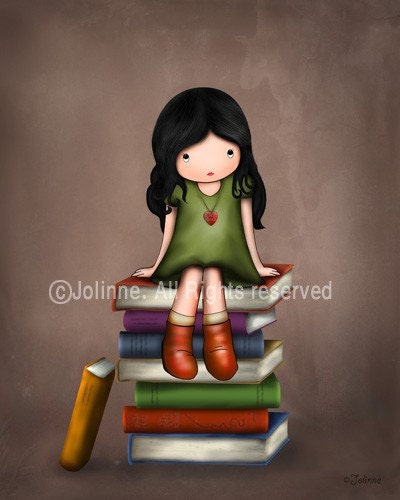 Children wall art room decor, reading room wall hanging, girl sitting on books