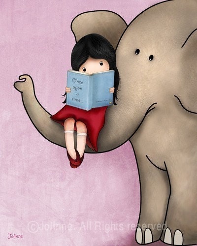 Elephant Nursery decor wall art - girl reading a book on an elephant, children room art print, nursery art prints