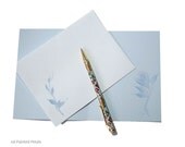 Hand Painted Note Cards White Roses on Soft Blue Linen Cards - Set of  4 - Fine Quality Polished Linen Card Stock - Morning Mist