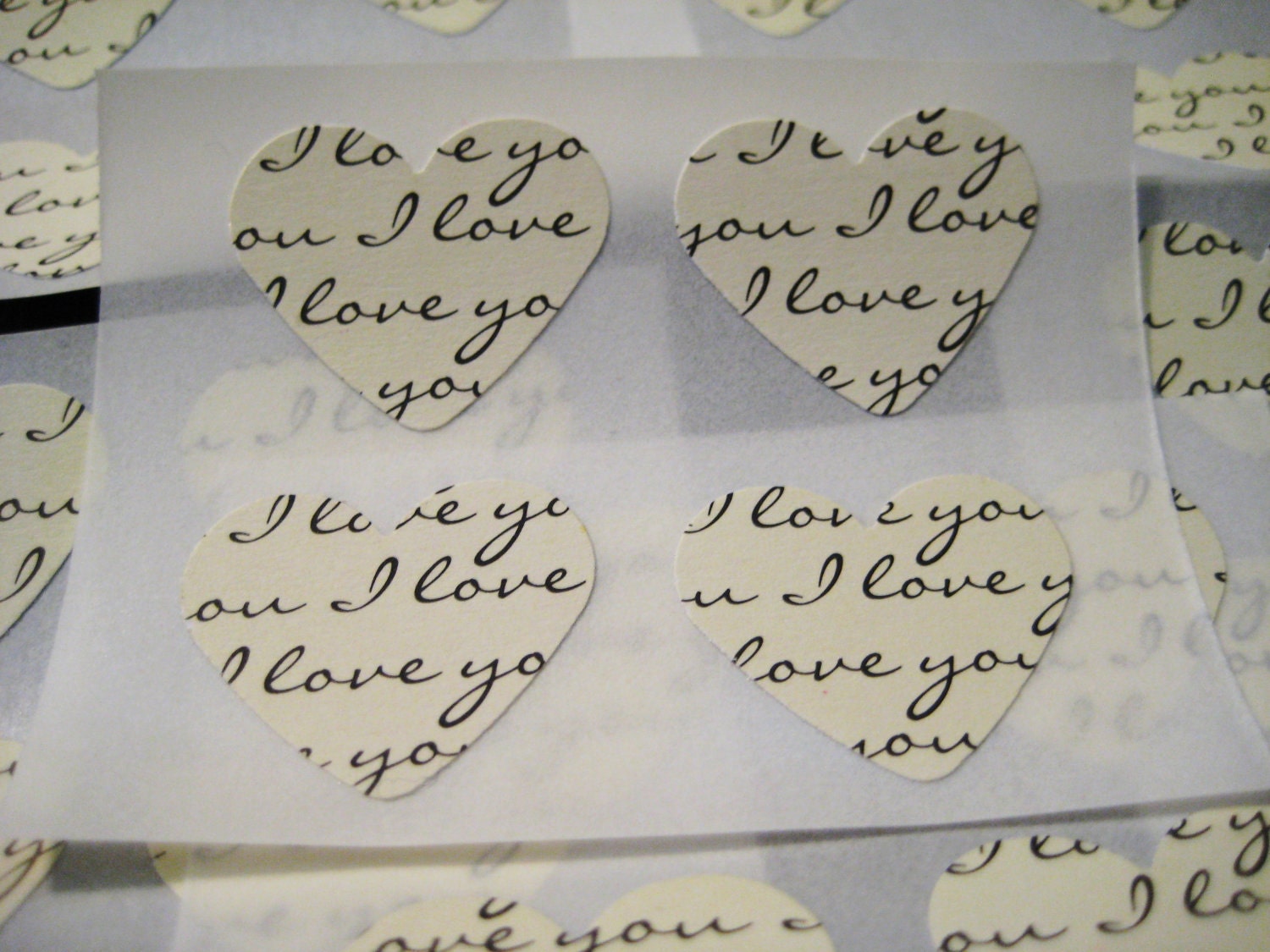 I love you heart stickers, black and ivory script, 24 count