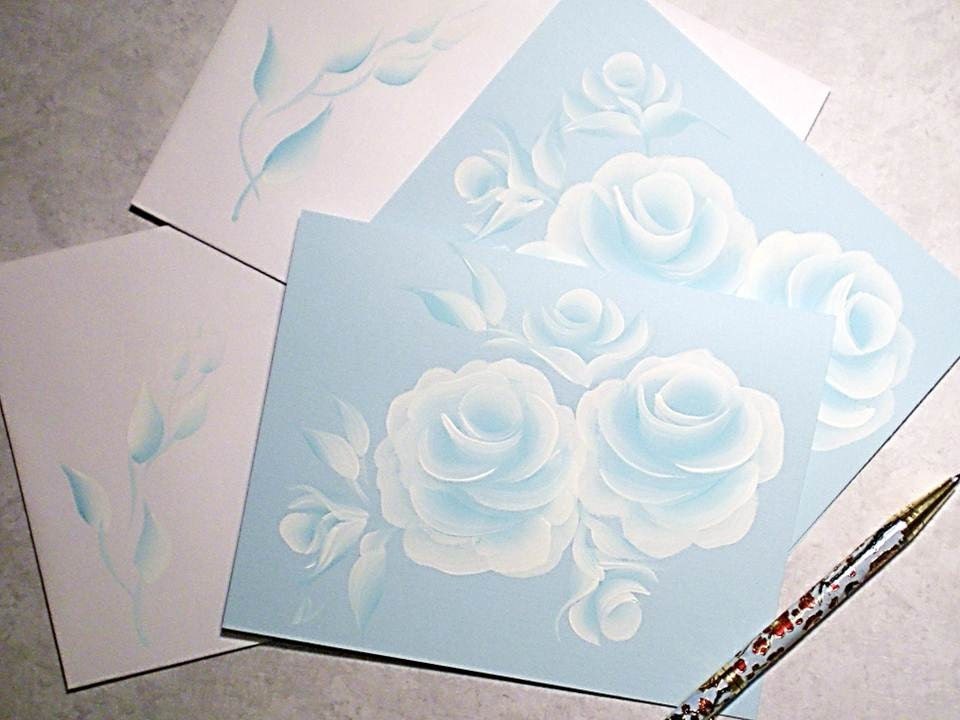 Note Cards - Hand Painted Greeting Cards - Soft Azure Powder Blue with White Roses - Set of TWO Fine Polished Linen Card Stock - Mothers Day