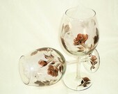Wine Glasses Painted Glassware Large - Metallic Copper and Black Hand Painted Roses - Set of EIGHT - Wedding Groomsmen Housewarming