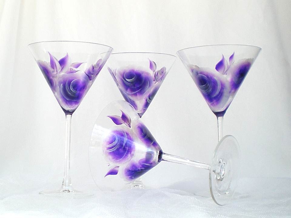 Hand Painted Cocktail Glasses Martini - Modern Hand Painted Purple and Silver Abstract Roses, Set of 4 Wedding Anniversary
