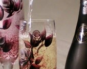 Hand Painted Champagne Flutes Glasses - Deep Burgundy Berry Silver Roses - Set of FOUR