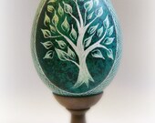 Easter Spring Egg - Hand Scratched Real Turkey Egg Unique ETCHED Lithuanian Carved Present Green New Age Tree Carved Pysanky