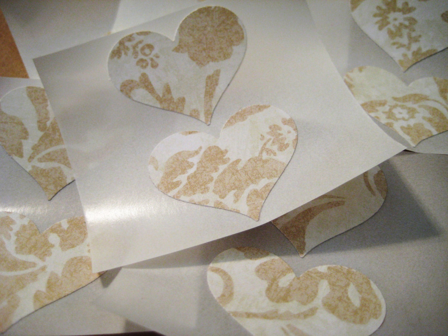 Ivory damask heart stickers, wedding seals or stickers (12 count)