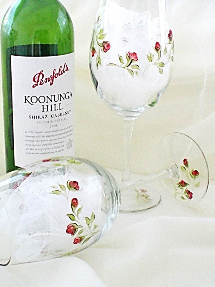 Hand Painted Wine Glasses Set of TWO - Burgundy Red Rose Buds, Green Leaves, Elegant Design - Glassware Fathers Day Summer