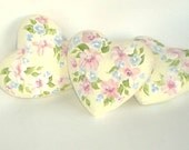 Ornaments Heart Shape - Hand Painted Pink Mums, Blue Flowers, Ribbon - Door Hanger Ornaments Favors Set of THREE
