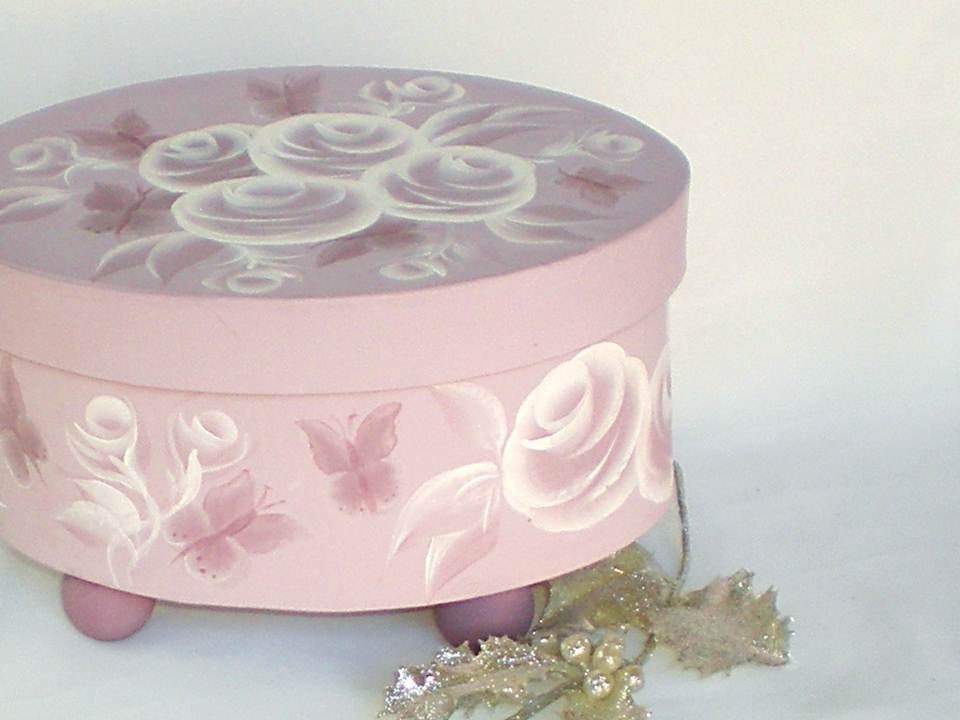 Hat Box Large Oval - Bridesmaid Gift Hand Painted Orchid Lavender Roses and Butterflies Decorative Storage Box - Vanity Jewelry Box