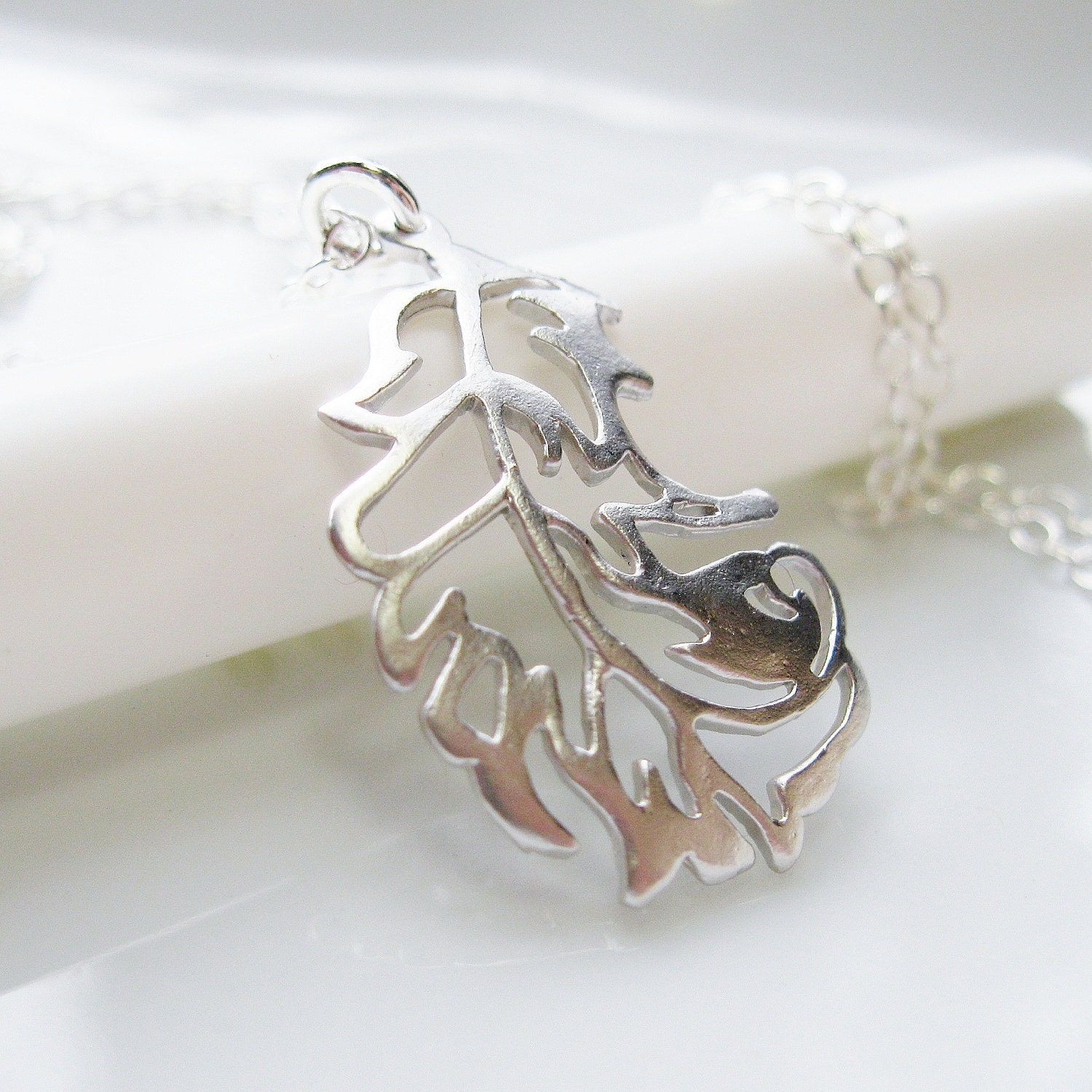 Feather - Extra Long Pendant Necklace, Sterling Silver - WOODLAND