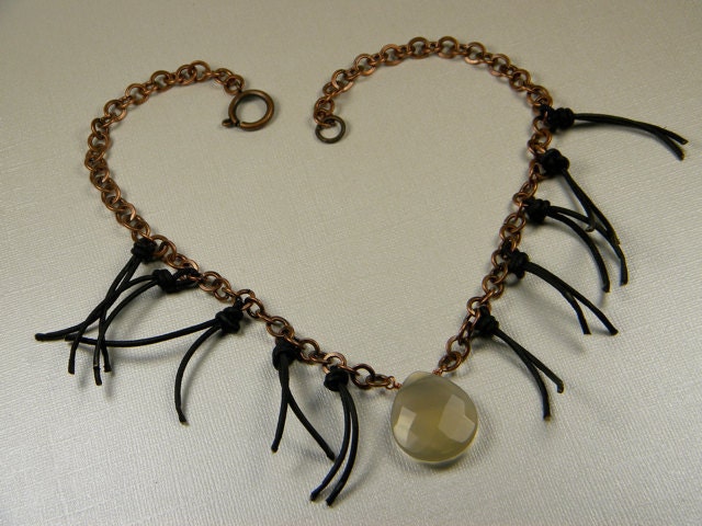 Smokey Gray Necklace Copper Wire Wrapped Gemstone Black Leather Fringe Noir