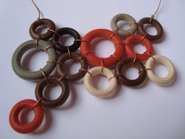 Hand Wired Necklace using wood rings, cooper and silk - Mondrian Necklace