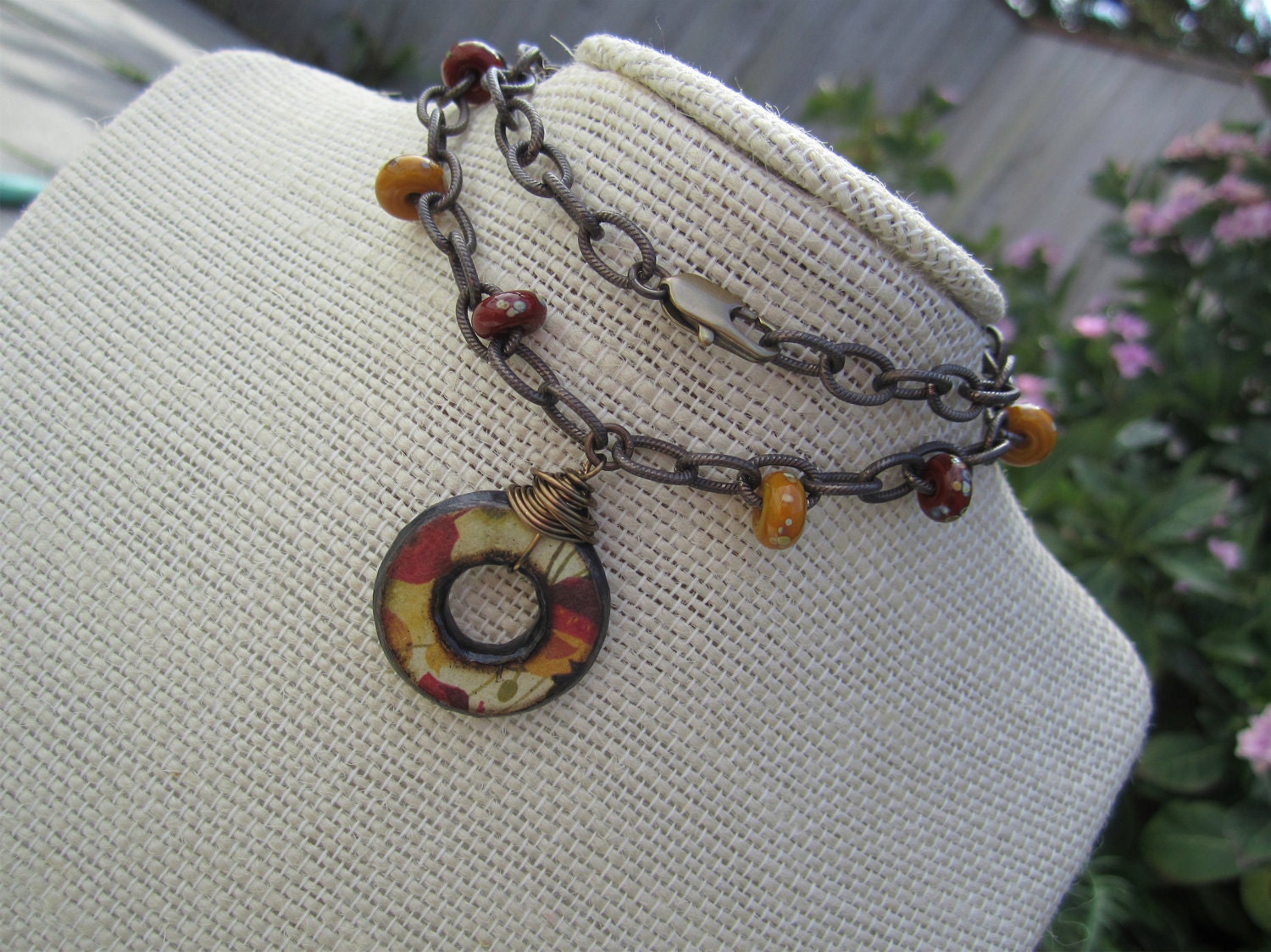 Wood Art Donut Pendant, Lampwork Glass Beads, Vintaj Natural Brass Necklace