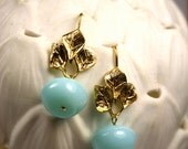 Estelle Earrings, brushed, plated gold,leaves,  peruvian opal