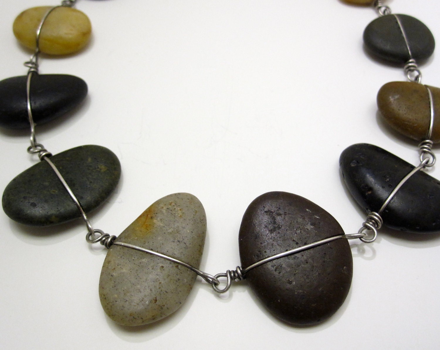 Silver Wire Wrapped River Stone Necklace