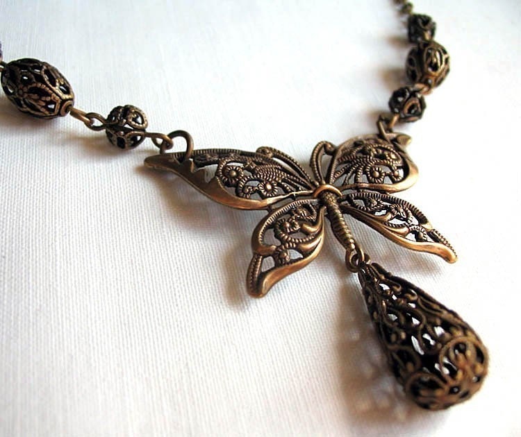 Brass Butterfly Necklace - Vintage style brass filigree beads, charms, chain