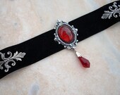 Gothic velvet choker - Victorian style with red glass cabochon and Swarovski crystal
