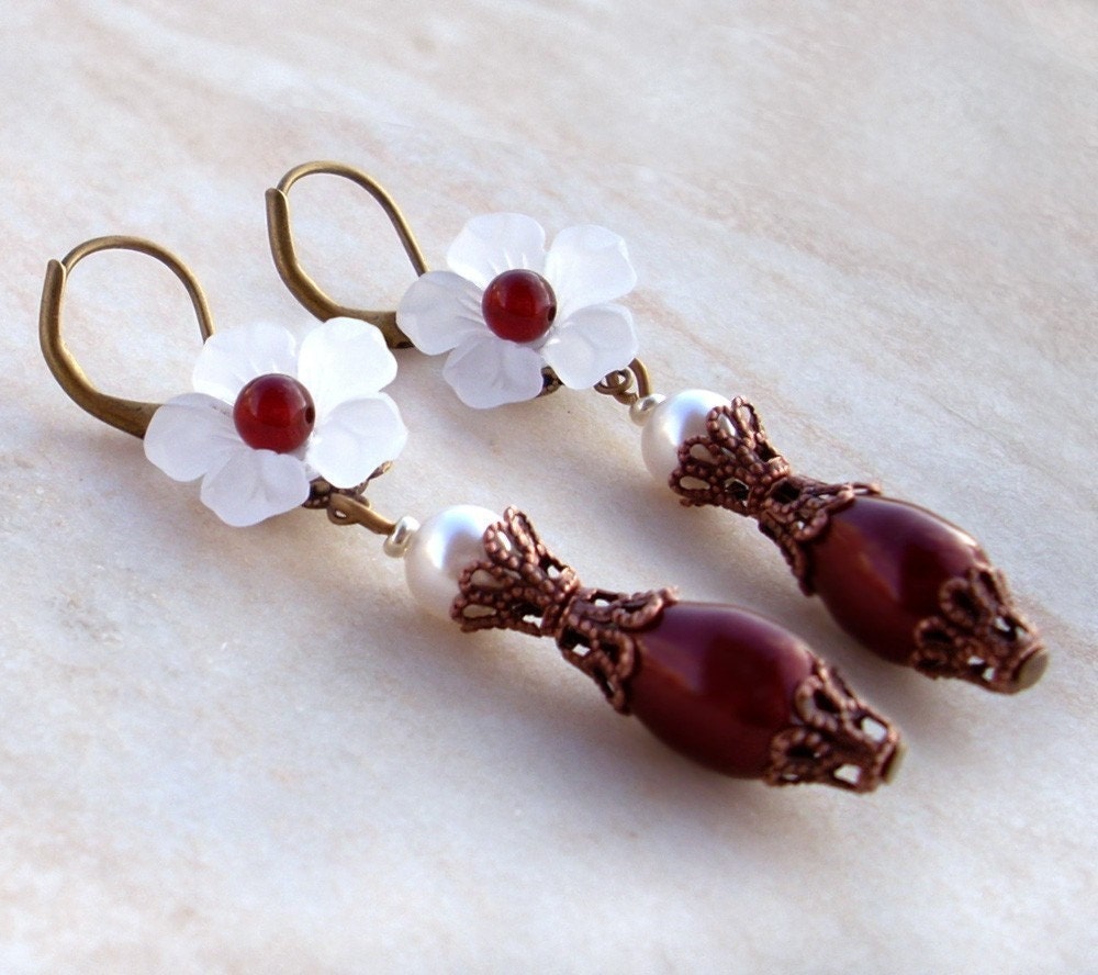 White and Red Flower Earrings