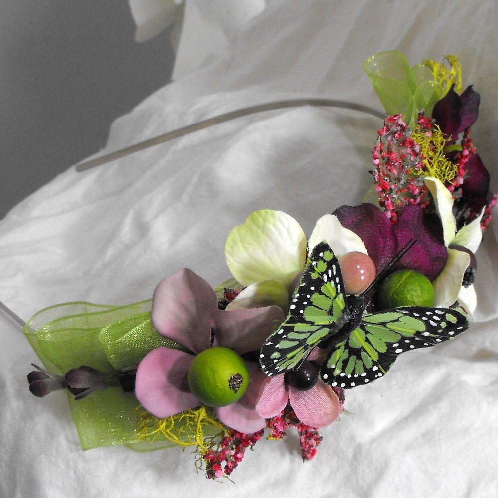 Shine - Green and Purple Flower Headband with Butterfly