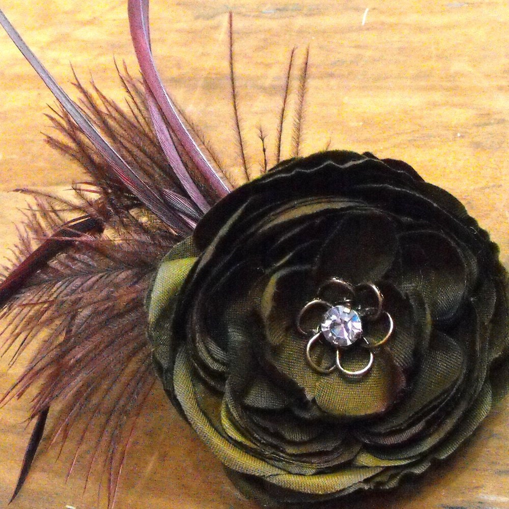 Maya - Olive and Plum Flower and Feather Hair Clip