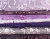 8 embellished, embroidered fabric pieces - purple mix