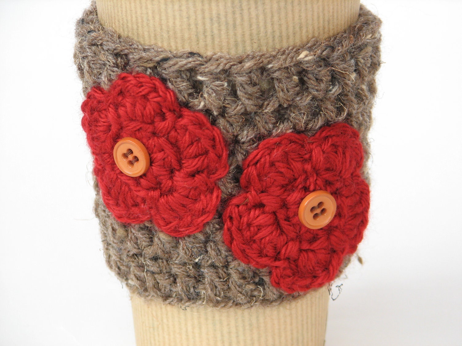 Coffee  Cozy  in Brown Color with Red Flower and Tiny Buttoms,Coffee Sleeve, Tea Cozy, Cup Warmer, Crochet Cozy