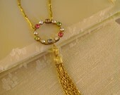 A Chance to Dance - Antique AB Crystal Circle Brooch Tassel Watch Chain Recycled Necklace