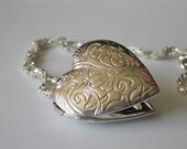 Silver Heart Locket, Romantic Victorian Floral on Woven Chain
