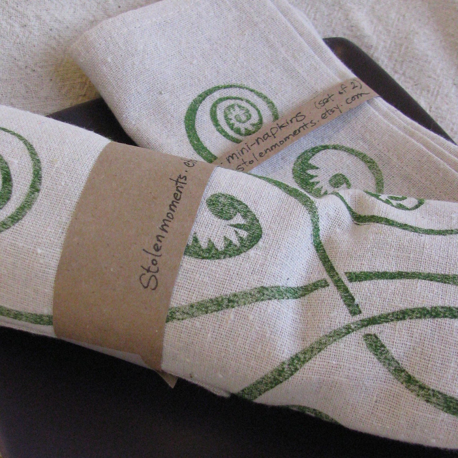 Lino Cut Towel and Napkin Set, Fiddlehead Fern, Hand-Sewn, Hand-Printed