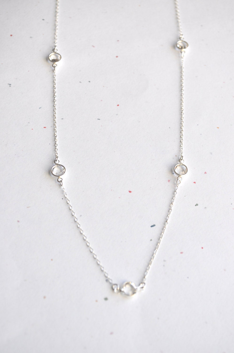 Long Pebble Necklace - clear swarovski crystal sterling silver round link - simple everyday jewelry