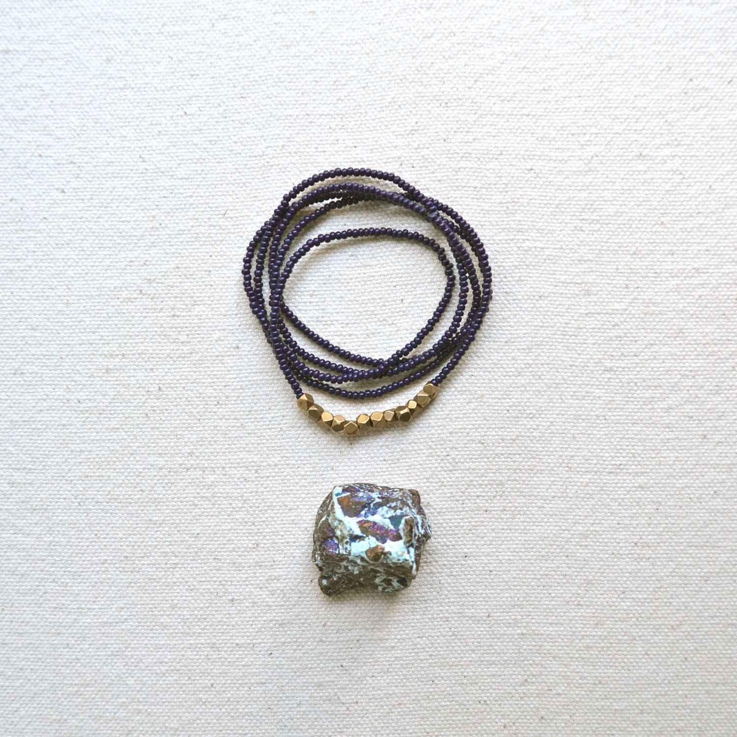 The Tumble Series in Deep Navy- Minimal Seed Bead Necklace with Faceted Brass Nuggets