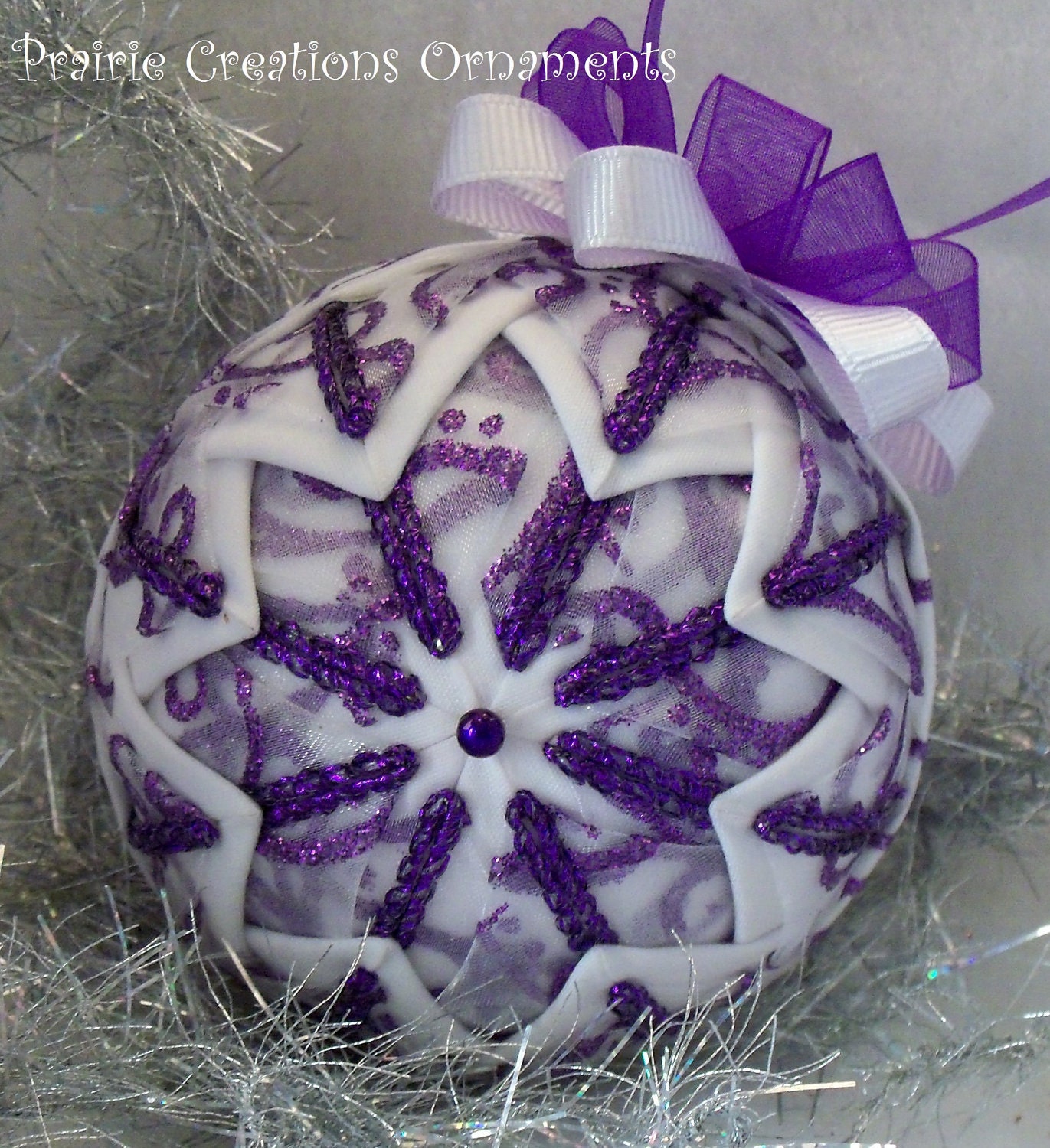Purple Sparkle Swirl Quilted Christmas Ball Ornament