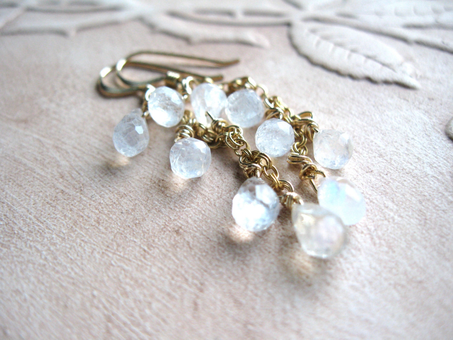 Rainbow Moonstone Cascade Gold Earrings