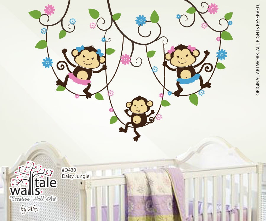 Daisy Jungle with monkey wall decal for triplets, twins, sisters,brothers. Jungle with monkey wall decal for nursery, playroom.