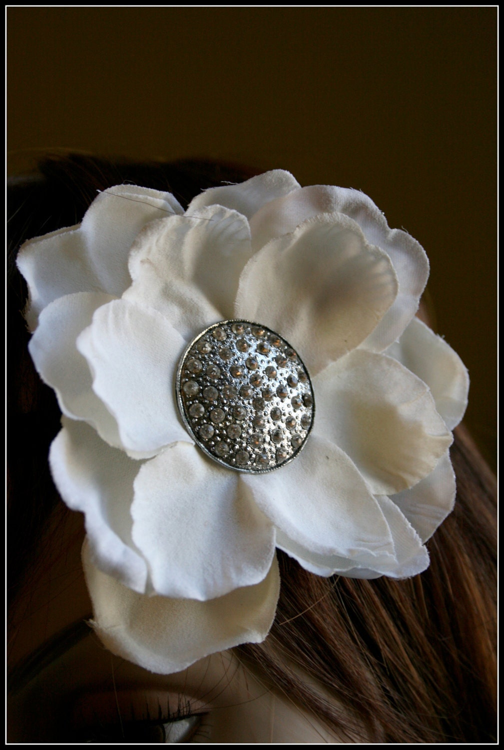 Michaela White Silk Flower Hair Clip with Silver Rhinestone Vintage Fascinator