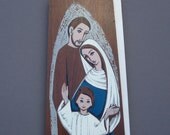 Mary Joseph & Boy Jesus Screen Printed on Wood - Mid Century Modern Plaque Signed Daniel Lareau