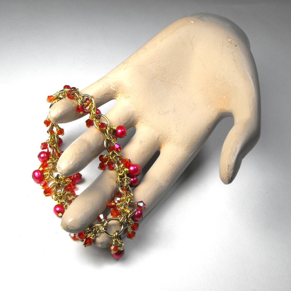 Gold Chain, Bright Pink Pearls and Red Crystal Bracelet