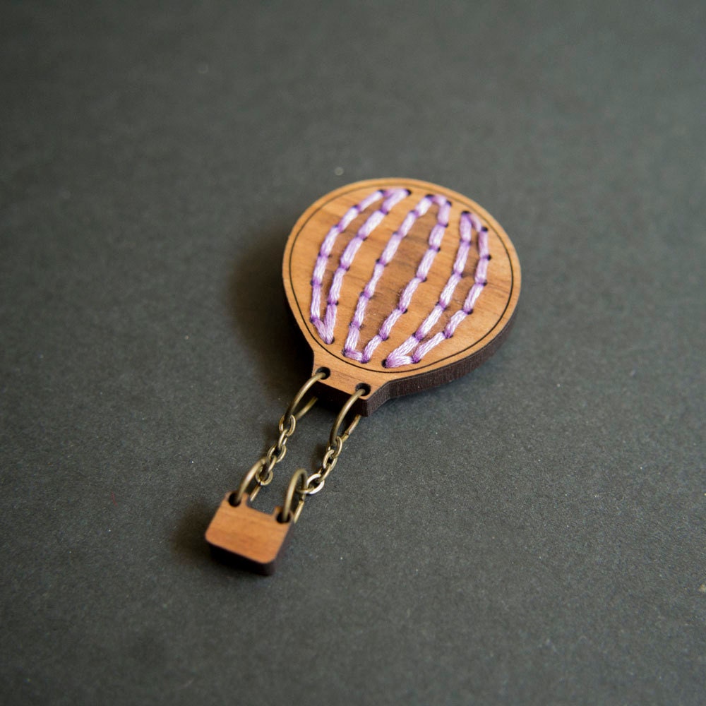 SALE - Wooden Hot Air Balloon Brooch with purple stitching