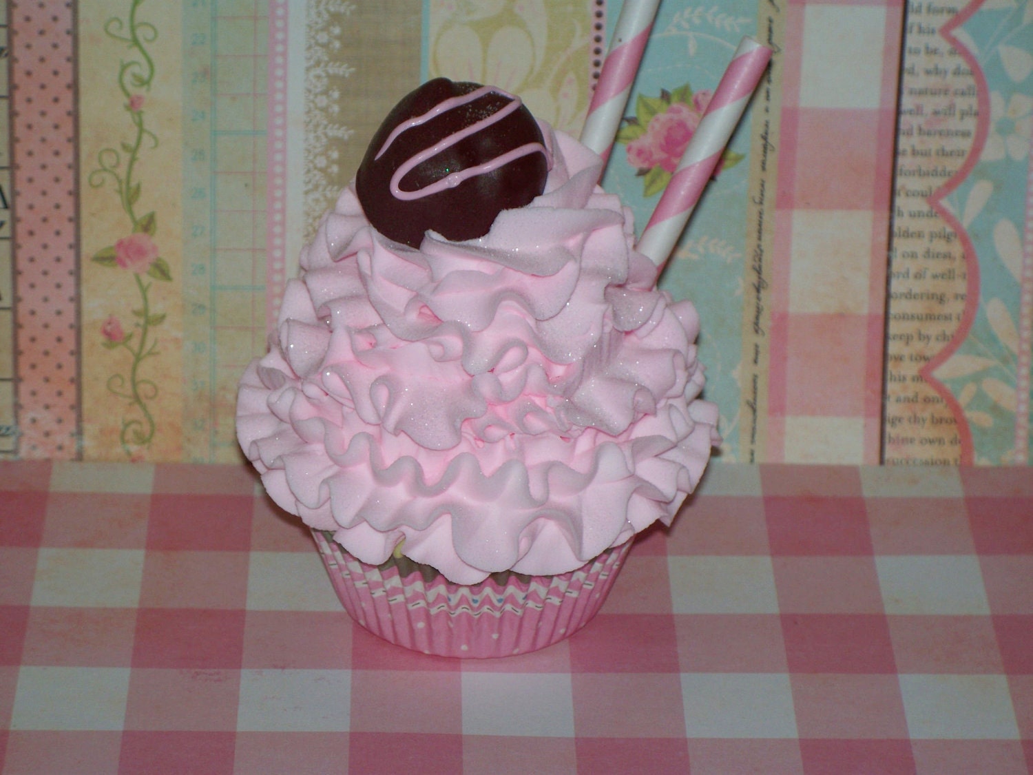 Original Fake Chocolate Bon Bon Candy Cupcake Pastel Pink Frosting Shabby Cottage Pink Christmas Decor, can be made into Ornament