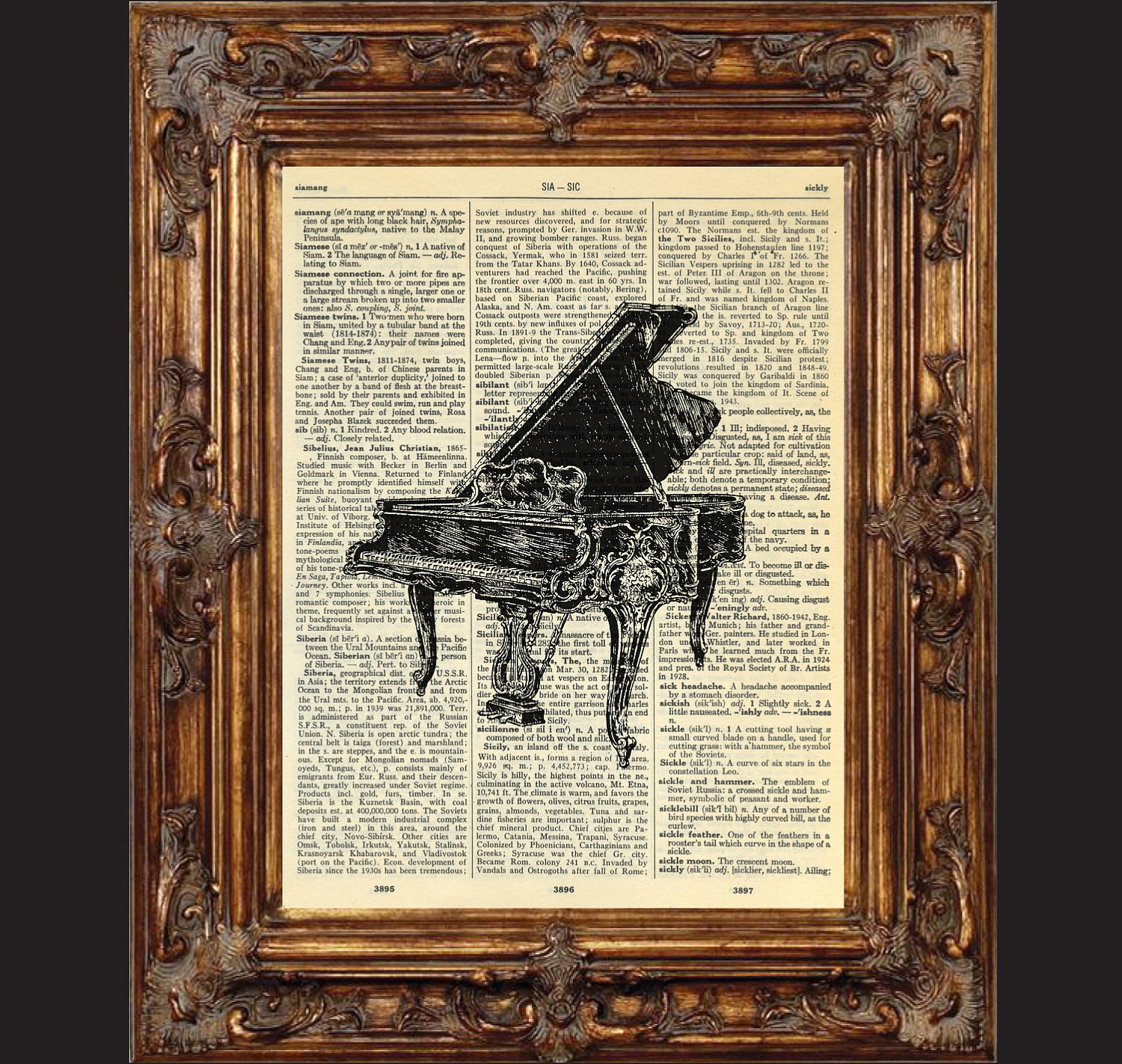 Dictionary Art  Piano over Vintage Upcycled Dictionary Page Book Art (BUY 3 GET 1 FREE) No. 6