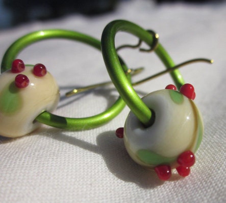 Holly Earrings - Bright Chartreuse Hoops with cream and red lampwork