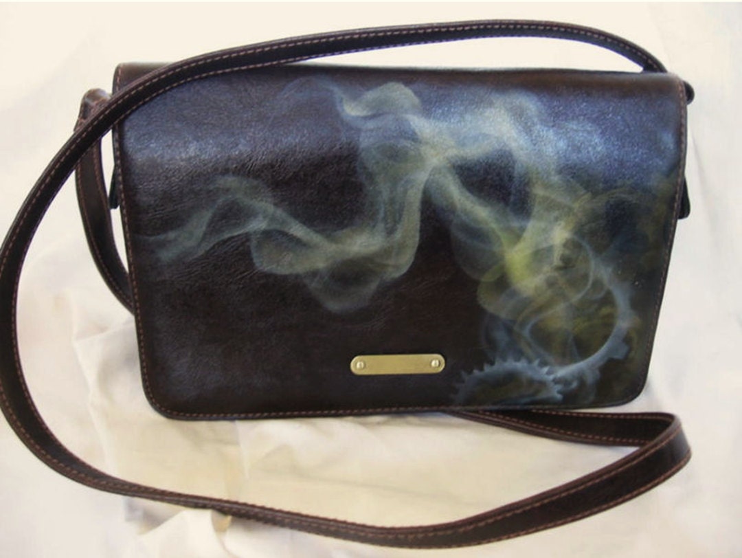 brown faux leather handbag steampunk billowing steam smoke hand painted airbrush