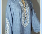 Vintage 70s Caftan Dress / Bill Tice / Blue With White Embroidery /  M L