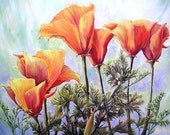 Poppies, Print, 11x14 inch with double mat, floral, sky of purples and blues
