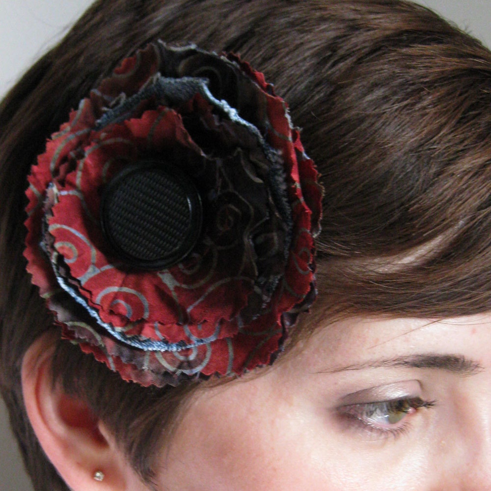 FLOWER HAIR CLIP recycled blue denim with red batik by Lynn Minney Designs