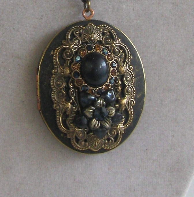 Edwardian LOCKET necklace with Blue Tiger Eye gemstone and midnight blue crystal SIGNED and OOAK
