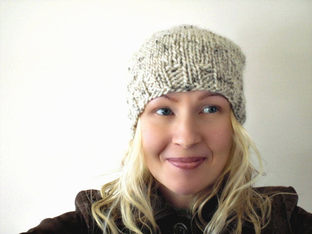 Knitted winter hat. Oatmeal natural white color. Natural wool blend. Handmade slouchy cuteness for winter warmth.