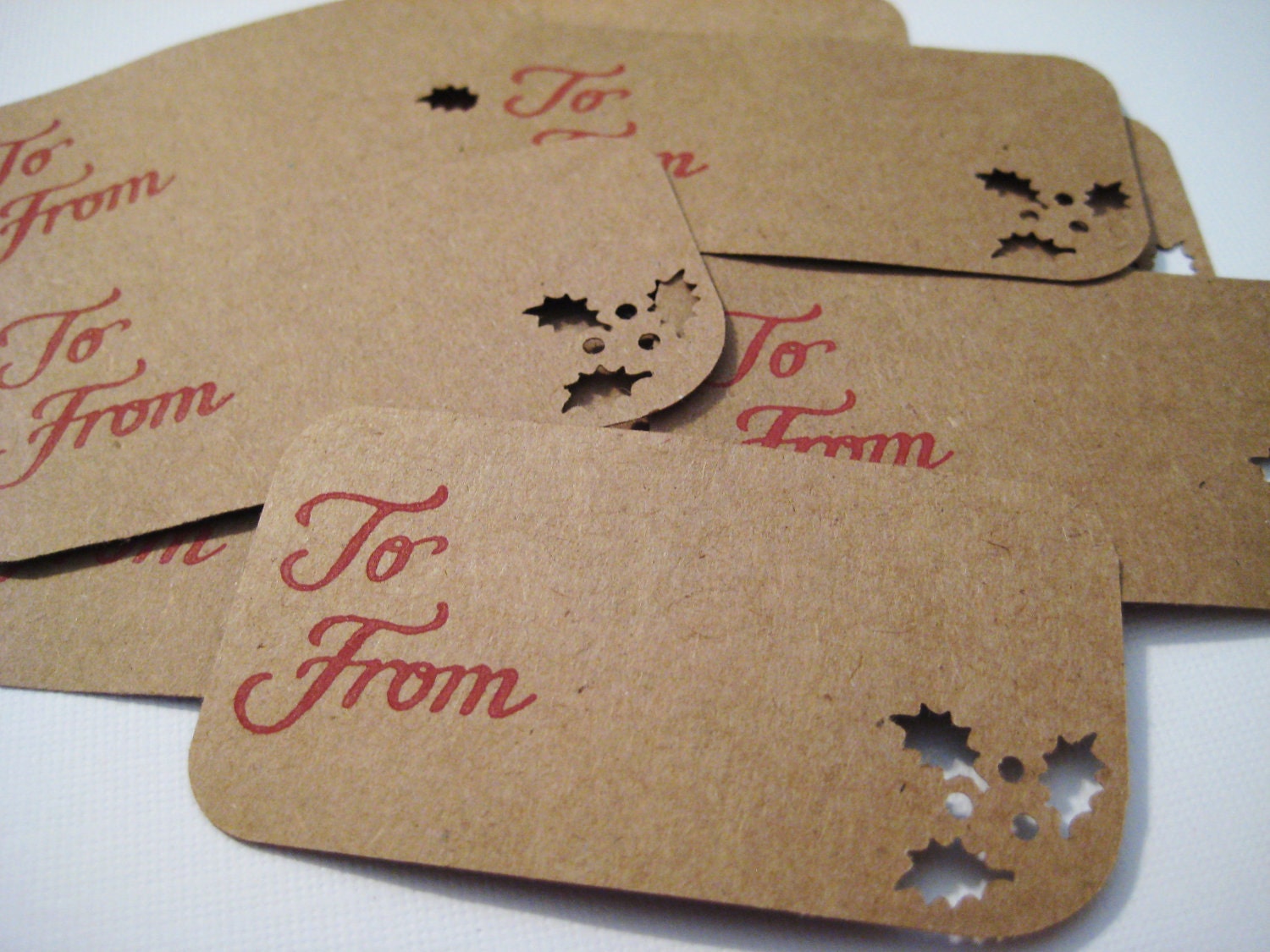 Kraft holly leaves gift tags, adhesive (set of 10)