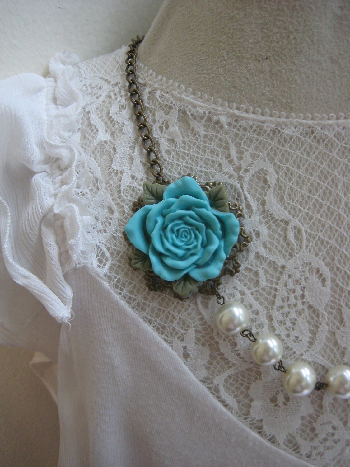 Large turquoise blue flower ivory glass pearls assymetrical necklace on BRASS chain